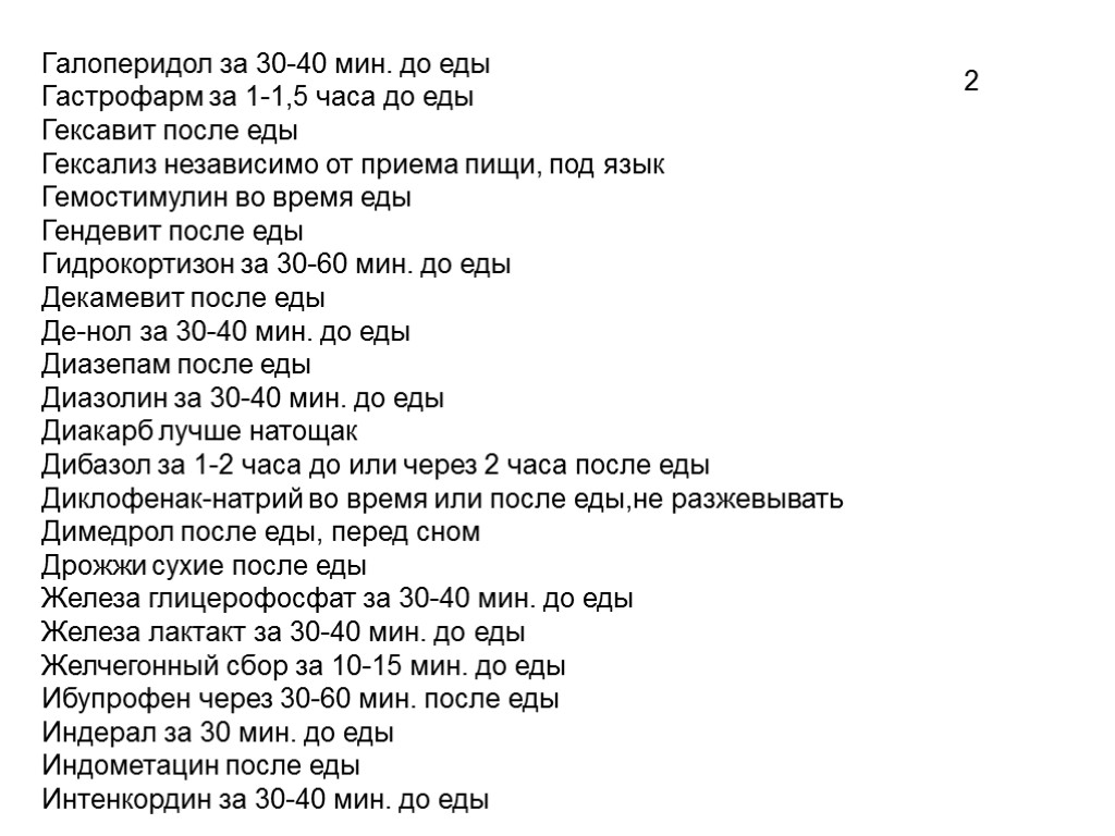 Галоперидол за 30-40 мин. до еды Гастрофарм за 1-1,5 часа до еды Гексавит после